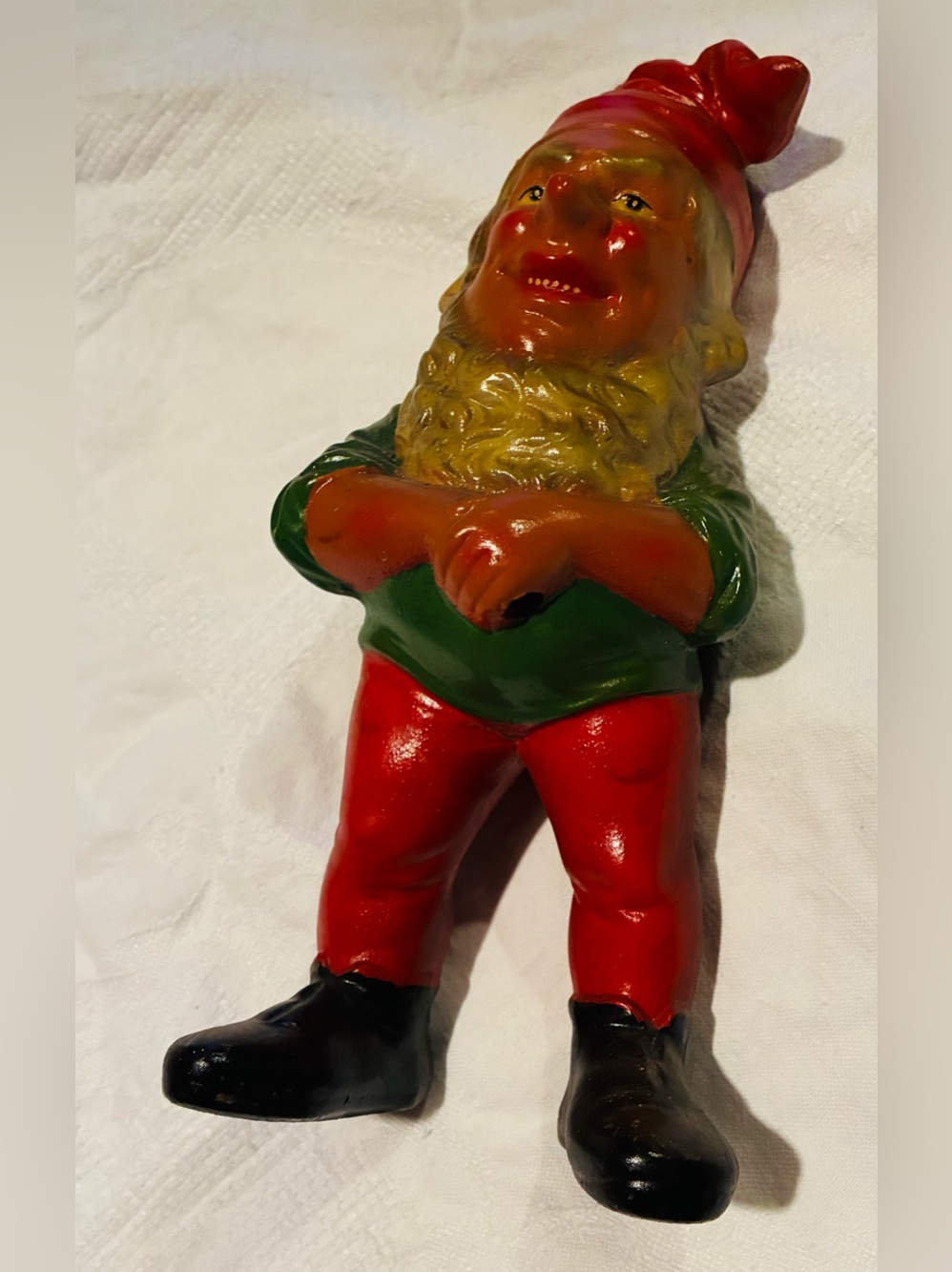 German Garden 20th Century Terra Cotta Gnome Play Figure - Red, Green, Black